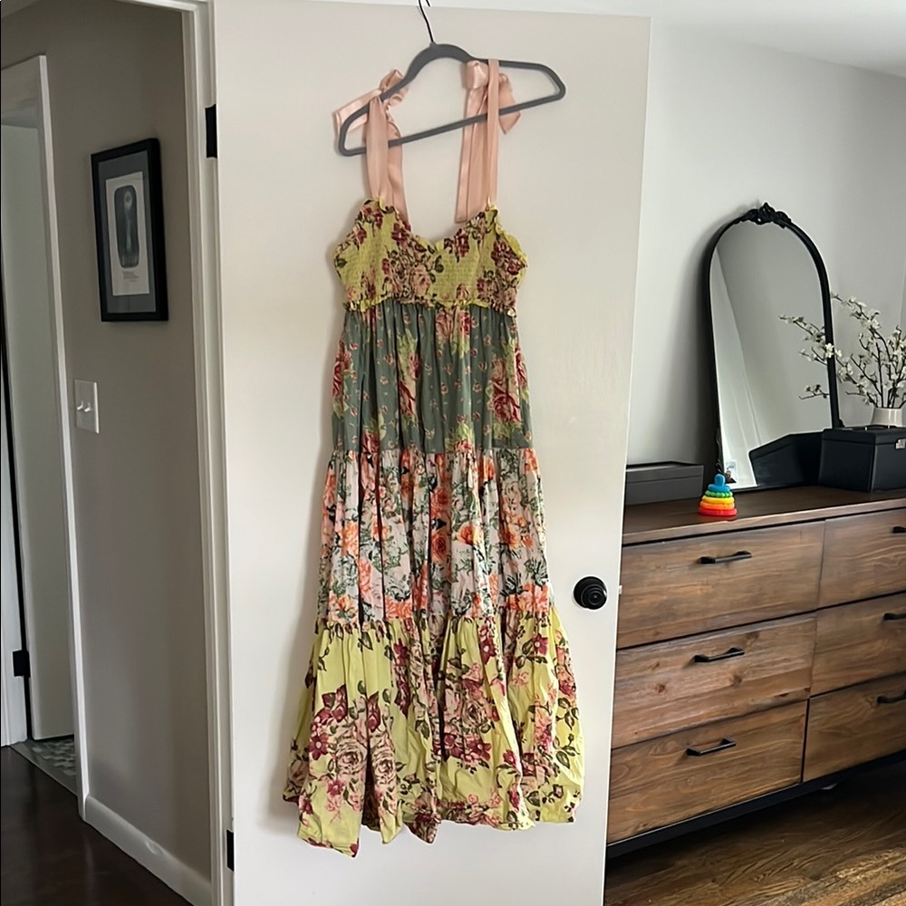 Free People Floral Maxi Dress with Pink Bow Straps